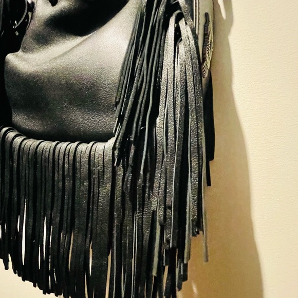 New Black Zara Fringed Leather Bucket Bag Metallic Stud Detail Limited Edition - Picture 4 of 7